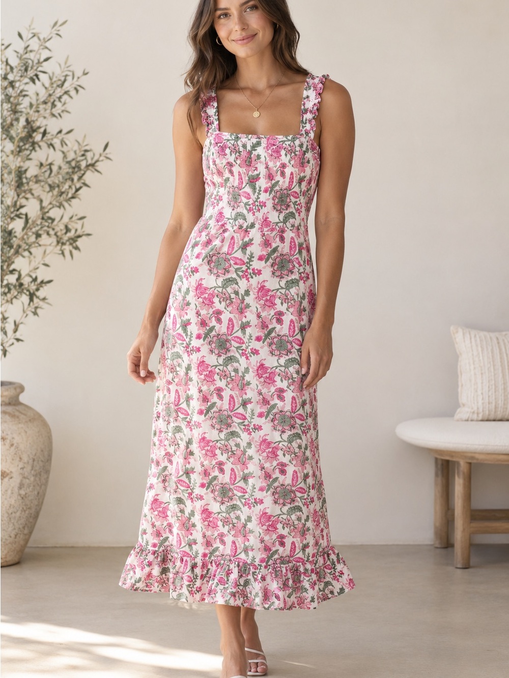 ASPIGA Organic Cotton Floral Smocked Maxi Dress in Pink and Green Womens Large